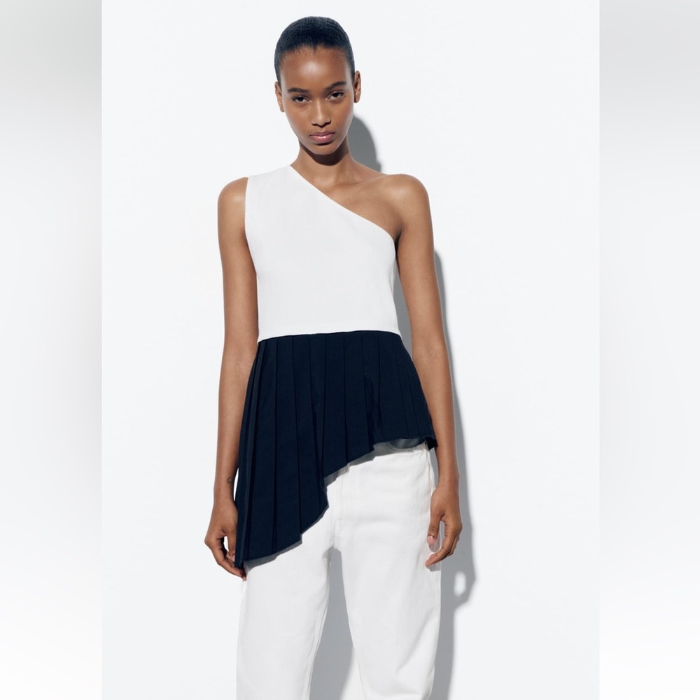 Zara TOP WITH CONTRASTING HEM. Black/White. Sizes S, L. New with Tags. - Picture 2 of 8